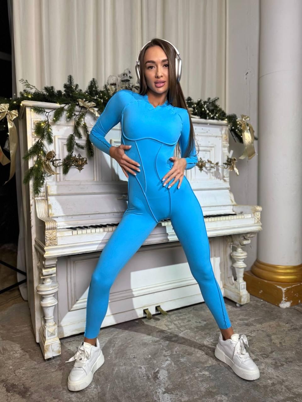 Комбінезон спортивний довгий з імітацією корсета з чашками та без пуш-ап L Блакитний (MJ04L) Комбінезон спортивний довгий з імітацією корсета з чашками та без пуш-ап L Блакитний (MJ04L)