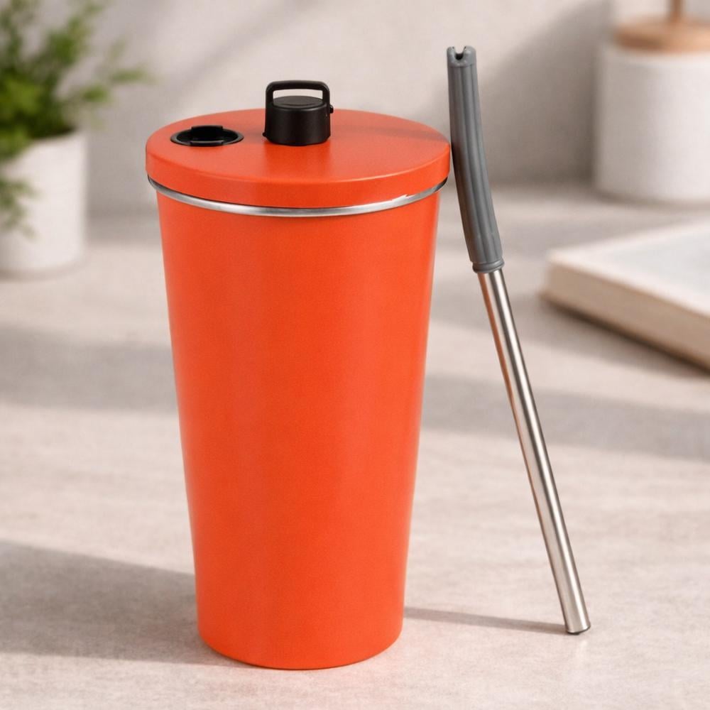 Термокружка 124708 600 мл из нержавеющей стали 304 с трубочкой и крышкой Оранжевый