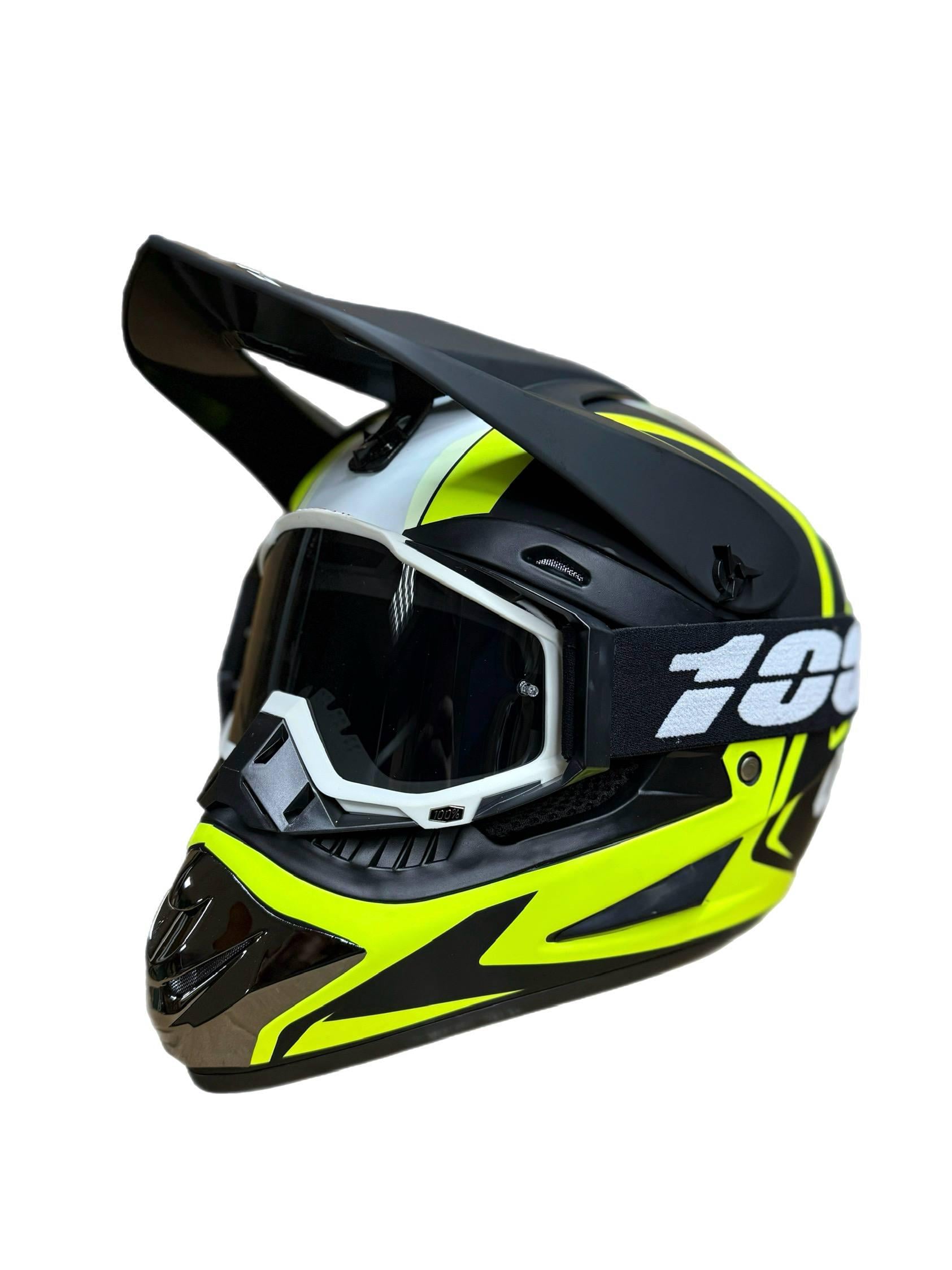 Мотошлем эндуро кроссовый Helmet Orz M Зеленый и очки Profi 100% Черно-белый (0102)