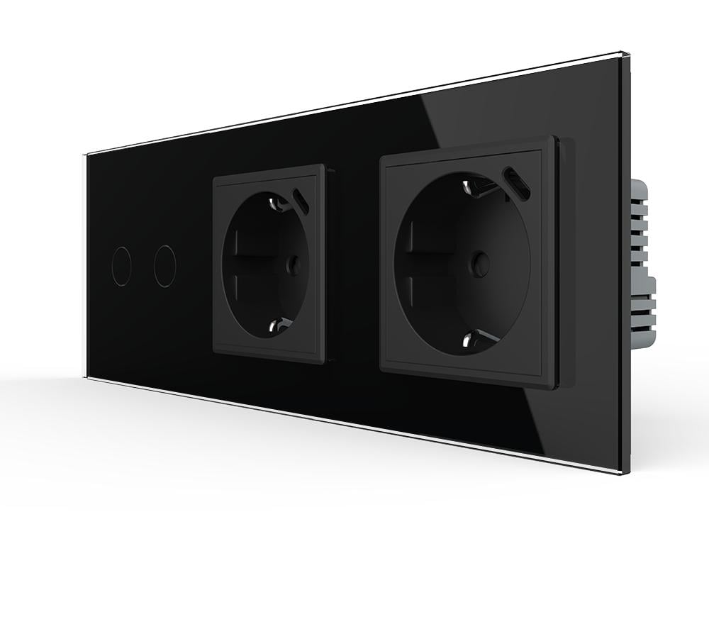 Выключатель умный Livolo двойной/сенсорный с двумя розетками USB Type-C 18 Вт с заземлением стекло Черный