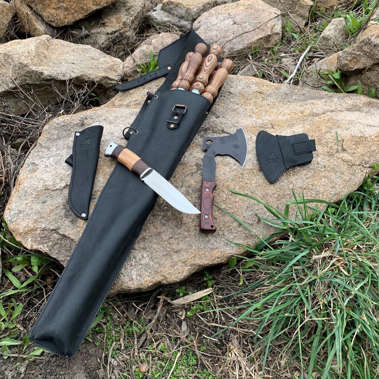 Набор для мужчины 6 шампуров/нож/ручной топор ручная работа в кожаном чехле