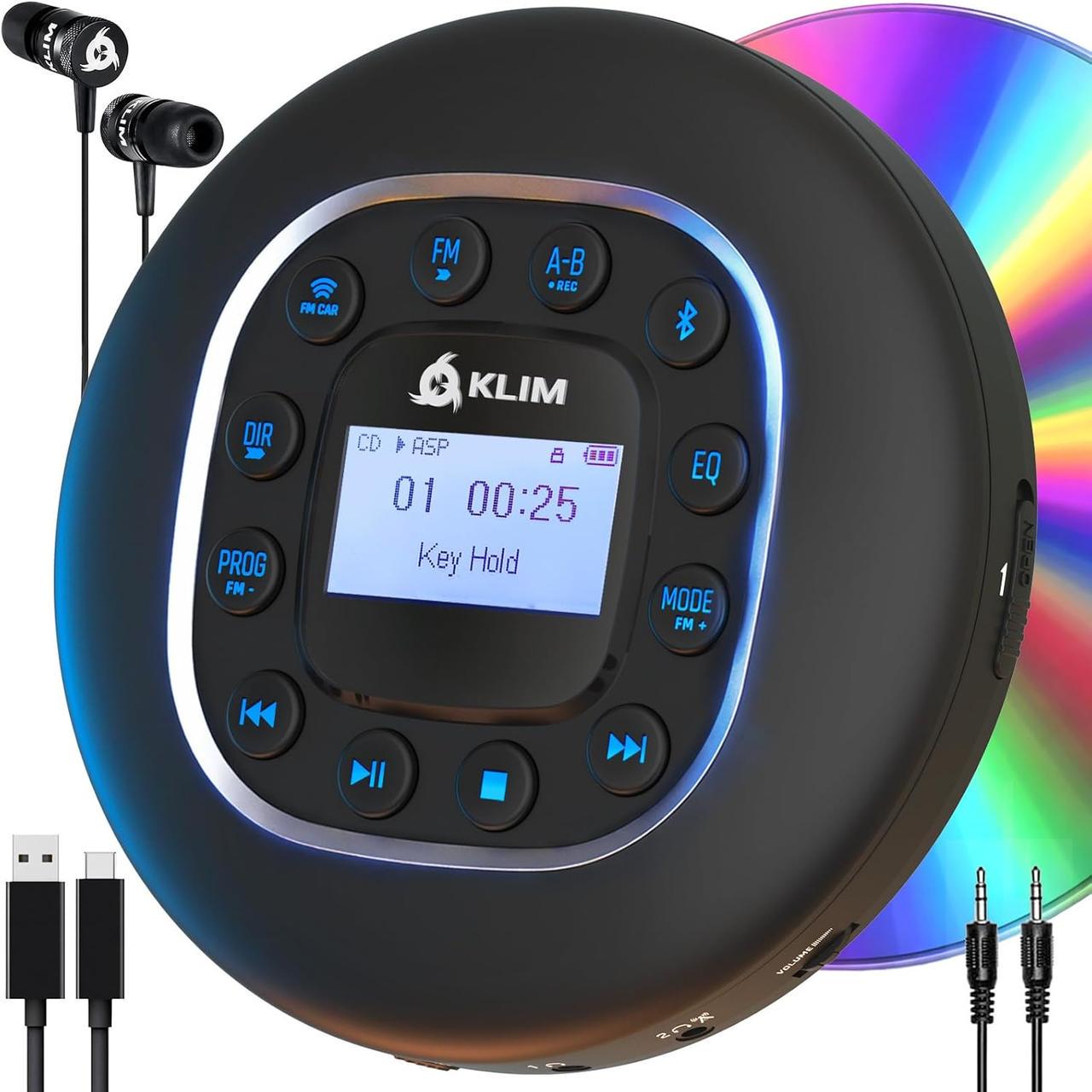 Програвач CD Klim із динаміками з Bluetooth/FM-AM радіо акумуляторний з навушниками Чорний (3036389083)