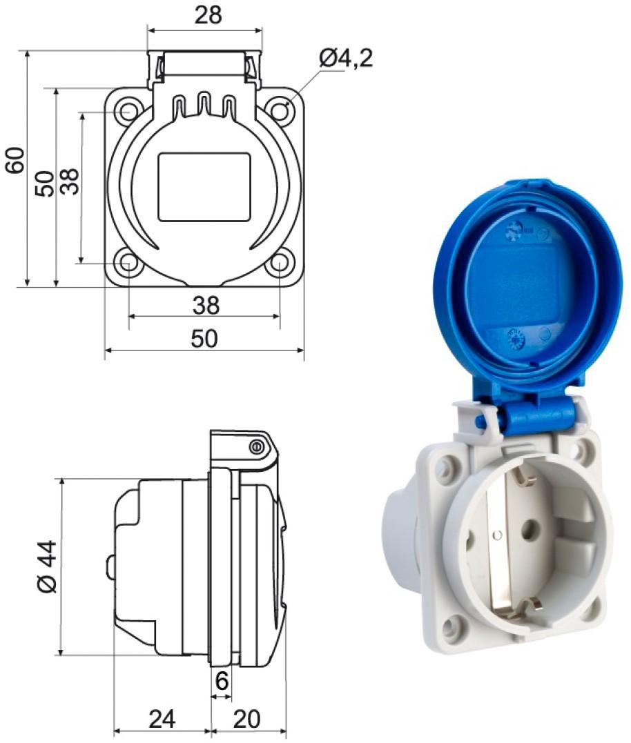 Розетка силовая IDE Schuko 16A 250B 2P+E IP54 Синий (452) - фото 8