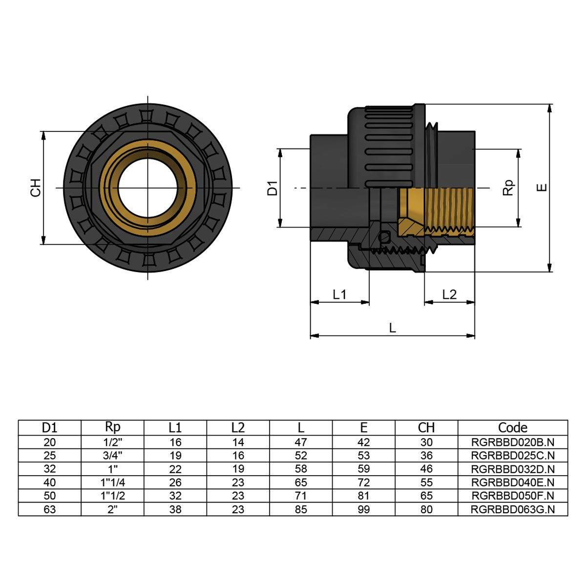 Муфта переходная Effast d 63 мм x 2" с внутренней резьбой (RGRBBD063G) - фото 3