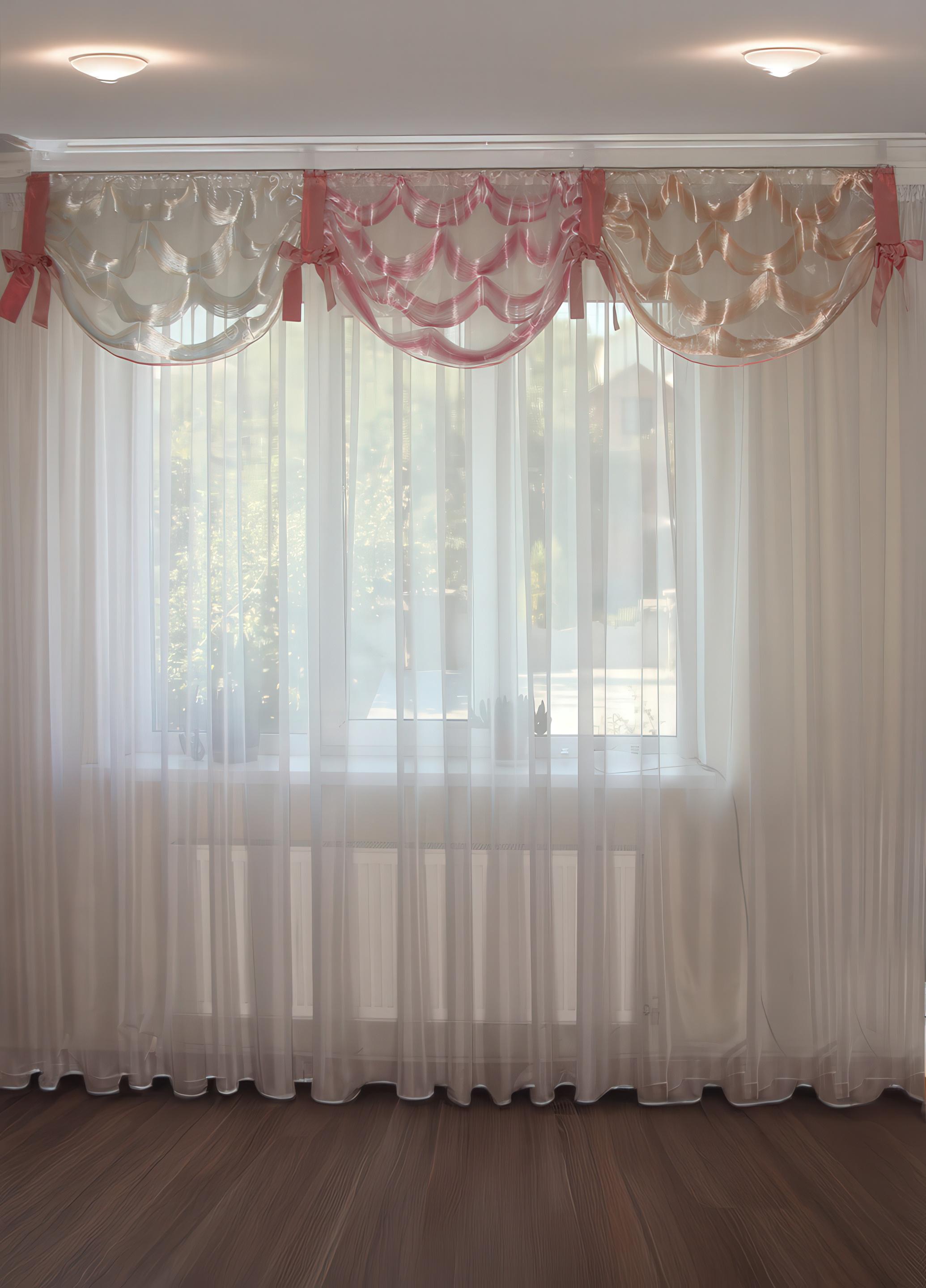 Ламбрекен Firanka Качельки из нитей с бантами карниз 250 см Розовый с белым/Бежевый (92_1пб)
