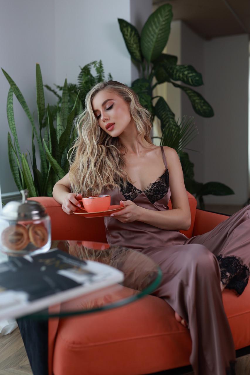 Костюм домашний пижама женская шелковая майка и штаны с кружевом Шоколадный (2537388252) - фото 5