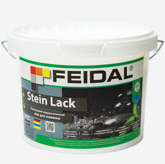 Лак акриловый водорастворимый Feidal Stein Lack шелковисто-матовый эффект мокрого камня 2,5 л Прозрачный (1816143243)