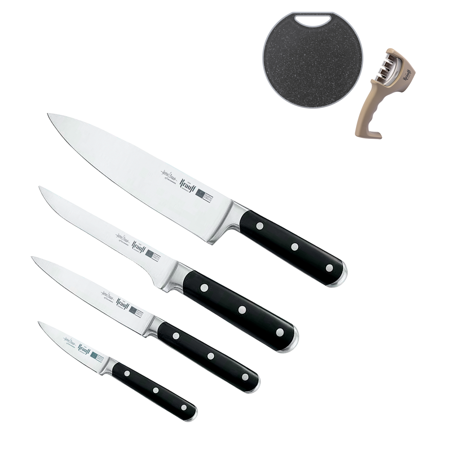 Набір ножів Krauff Prime Chef з точилом та кухонною дошкою 4 шт. (55-333-632) Набір ножів Krauff Prime Chef з точилом та кухонною дошкою 4 шт. (55-333-632)