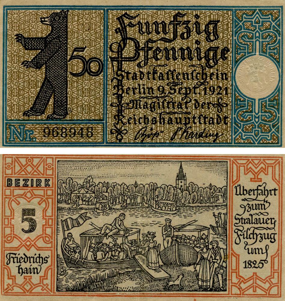 Коллекционная банкнота Германия Нотгельд 50 пфеннигов 1921 F-VF Берлин Разновидность 3 (Б18836)