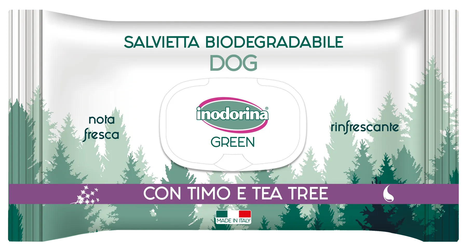 Влажные салфетки биоразлагаемые с чабрецом и чайным деревом Inodorina Green Timo e Albero del Tè для всех типов шерсти собак 30 шт.