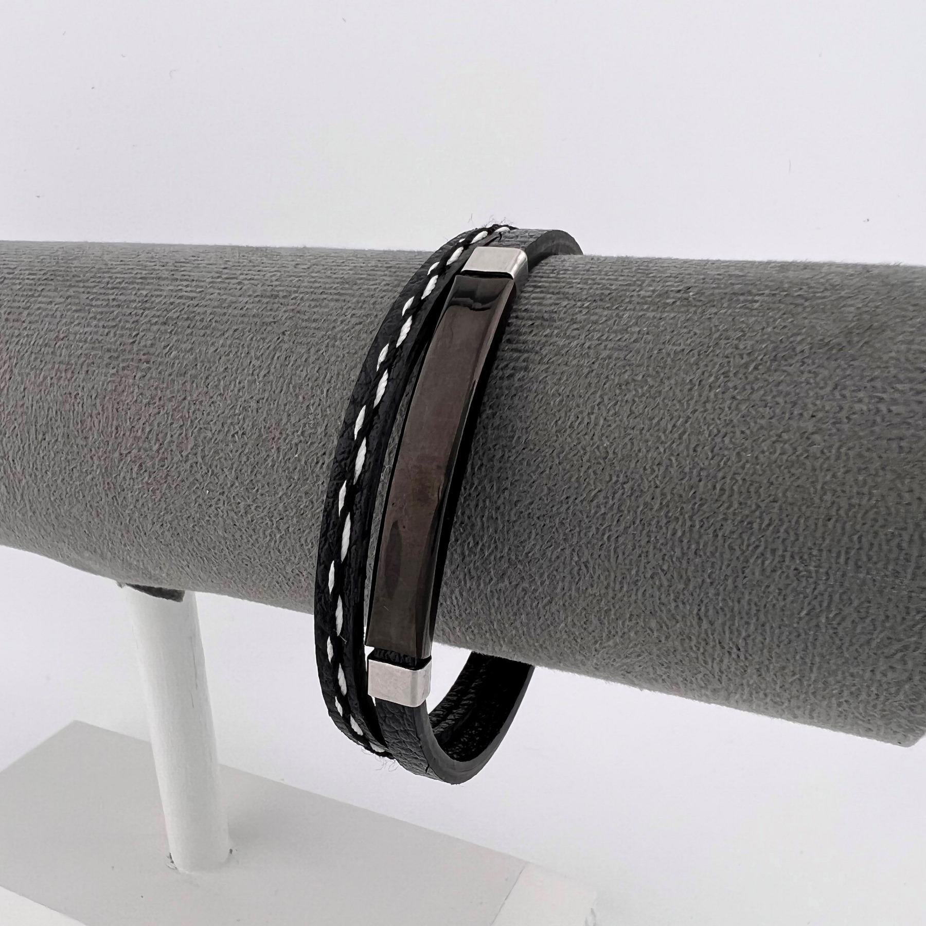 Браслет под гравировку из медицинской стали на кожаном ремешке 20 см (BH-002)