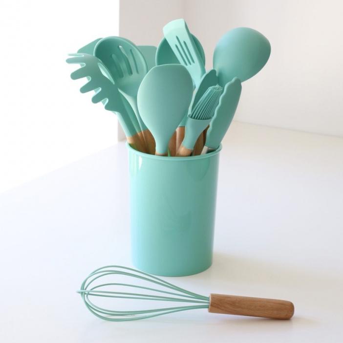 Набор кухонных приборов силиконовый с подставкой 12 пр. Бирюзовый (00000010134) - фото 1 Набор кухонных приборов силиконовый с подставкой 12 пр. Бирюзовый (00000010134) - фото 1