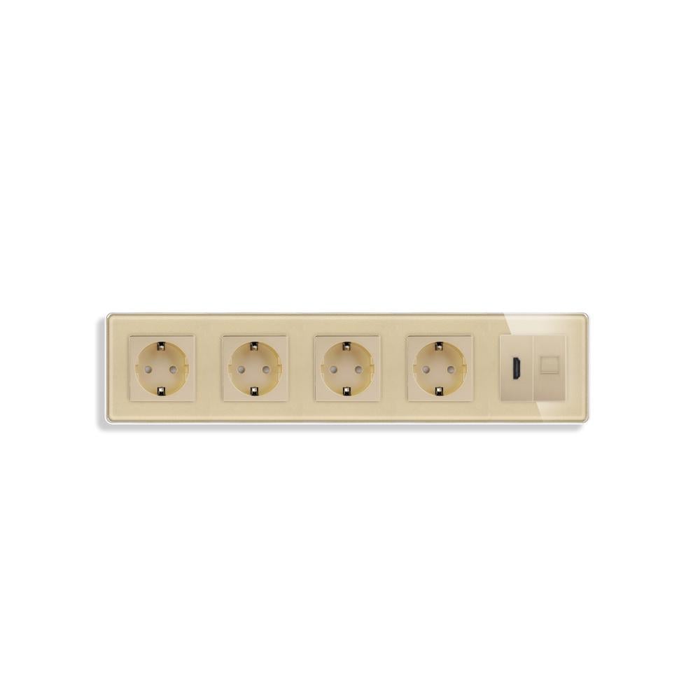 Розетка пятиместная с HDMI/интернет RJ-45 ELIOS настенная стеклянная рамка Золотой (TW-M5FHDMICAT6-GD)