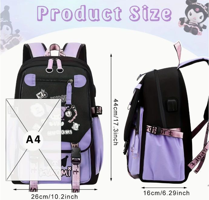 Школьный рюкзак для девочки KUROMI в японском стиле с помпоном и USB-кабелем (991944488) - фото 6 Школьный рюкзак для девочки KUROMI в японском стиле с помпоном и USB-кабелем (991944488) - фото 6