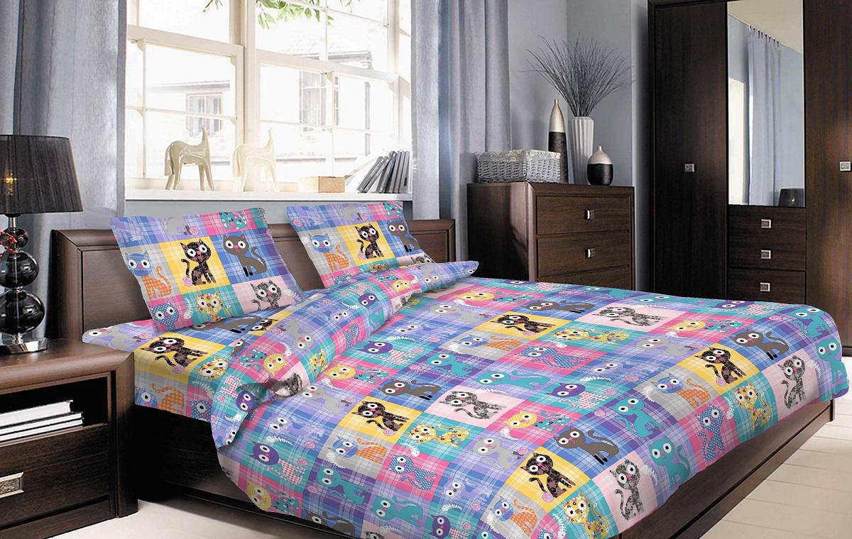 Комплект постельного белья Zastelli Коты бязь евро 200х220 Голубой