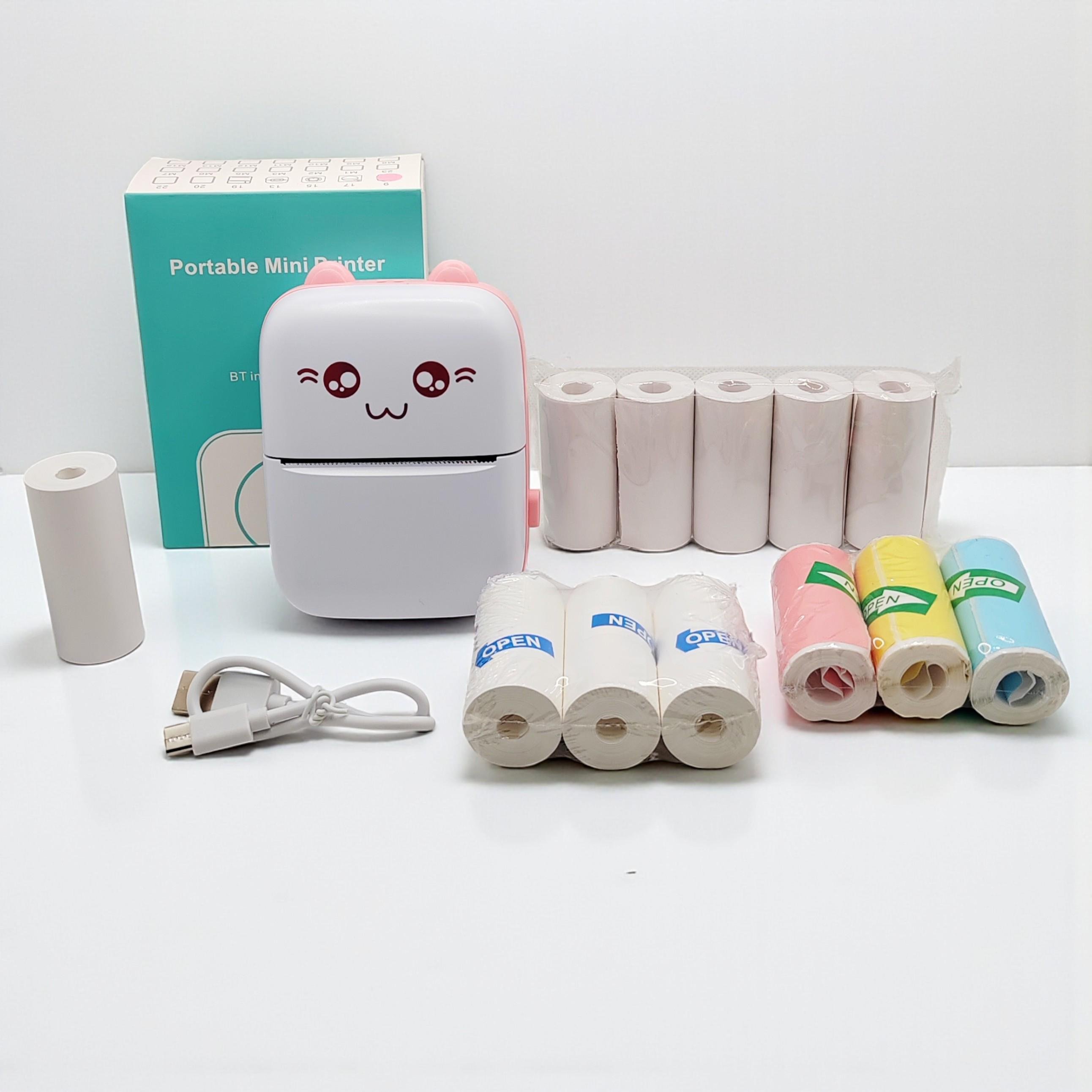 Принтер дитячий для друку з телефону по Bluetooth Котик з набором паперу 12 рулонів Рожевий (b-09865)