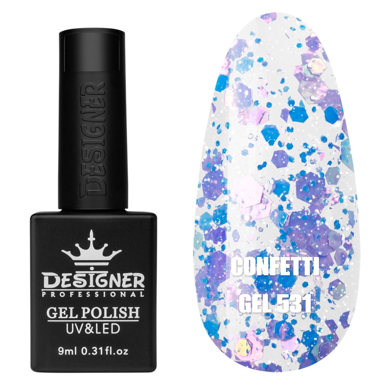 Гель-лак для маникюра Confetti gel Дизайнер с конфетти 9 мл Фиолетовый с голубым №531 Гель-лак для маникюра Confetti gel Дизайнер с конфетти 9 мл Фиолетовый с голубым №531
