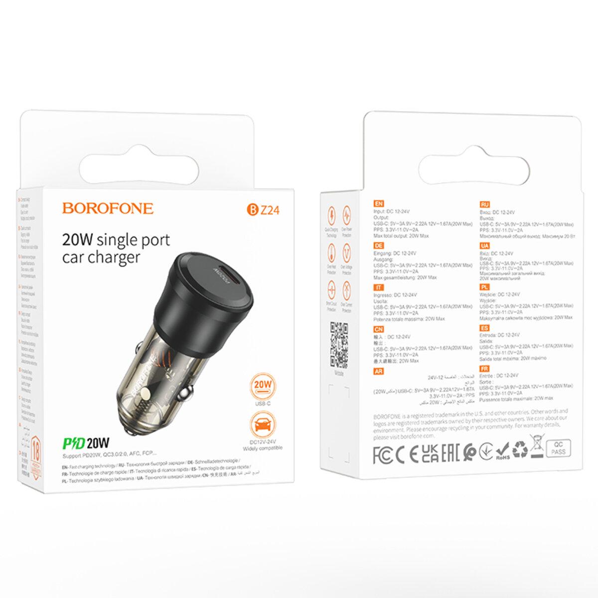 Зарядное устройство в авто Borofone BZ24 Clever single port PD 20W car charger USB Type-C port 12-24V Transparent Black (18253132) - фото 6