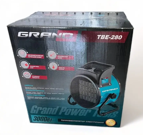 Тепловентилятор сетевой Grand ТВ-280 3000Вт керамический нагревательный элемент термостат защита от перегрева - фото 3 Тепловентилятор сетевой Grand ТВ-280 3000Вт керамический нагревательный элемент термостат защита от перегрева - фото 3
