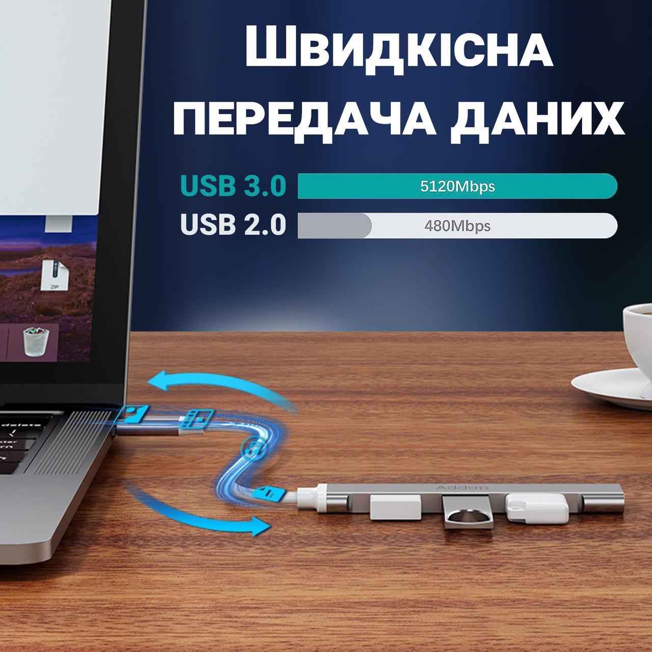 Хаб USB Type-C Addap UH-05C для ноутбука на 4 порти Silver - фото 8