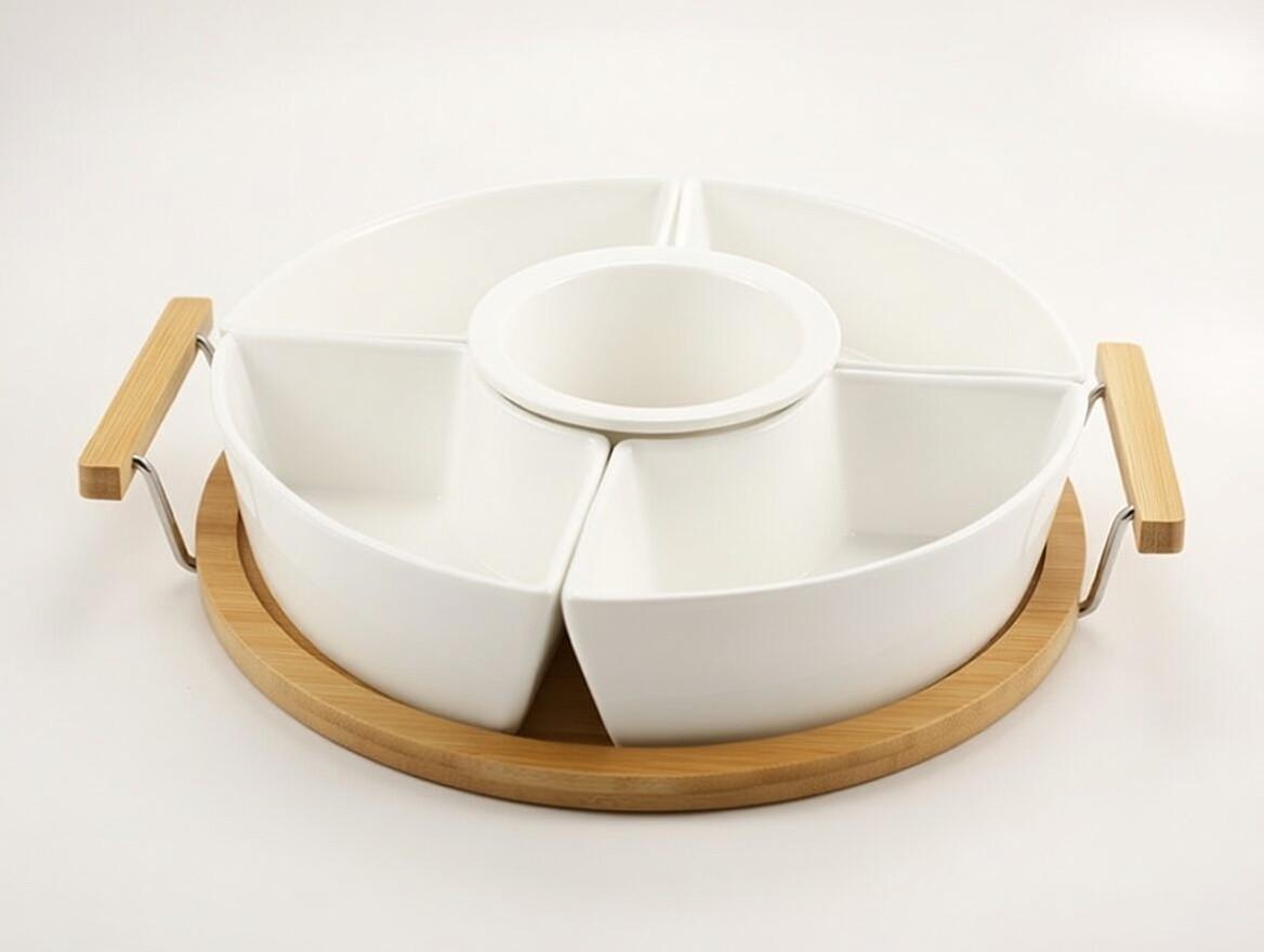 Менажница фарфоровая 5-секционная на подставке Interos 29 см (PJ02040) Менажница фарфоровая 5-секционная на подставке Interos 29 см (PJ02040)