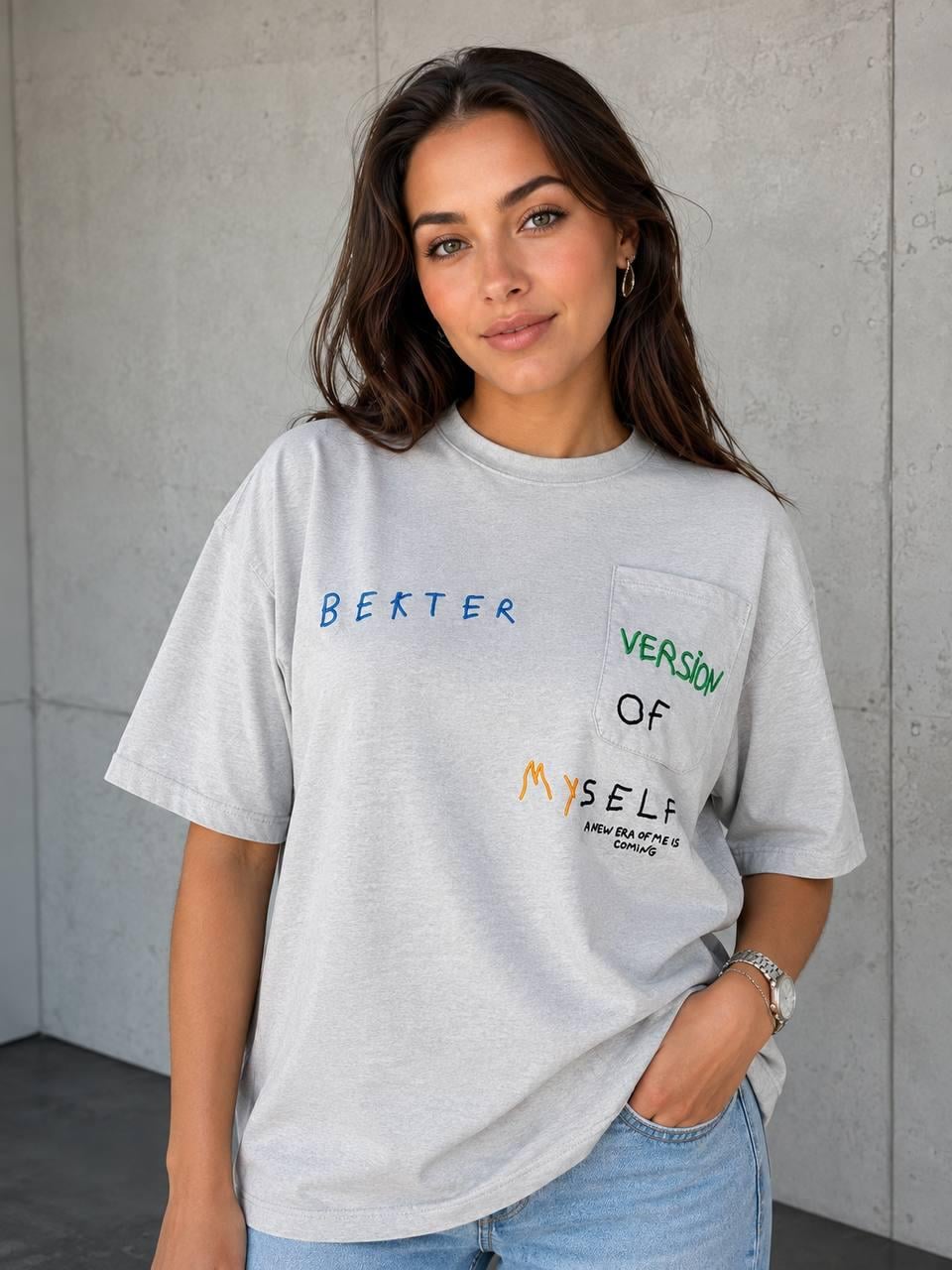Футболка жіноча PEPPER MINT BX24-19 з кишенею написи вишивка S Світло-сірий (1886)