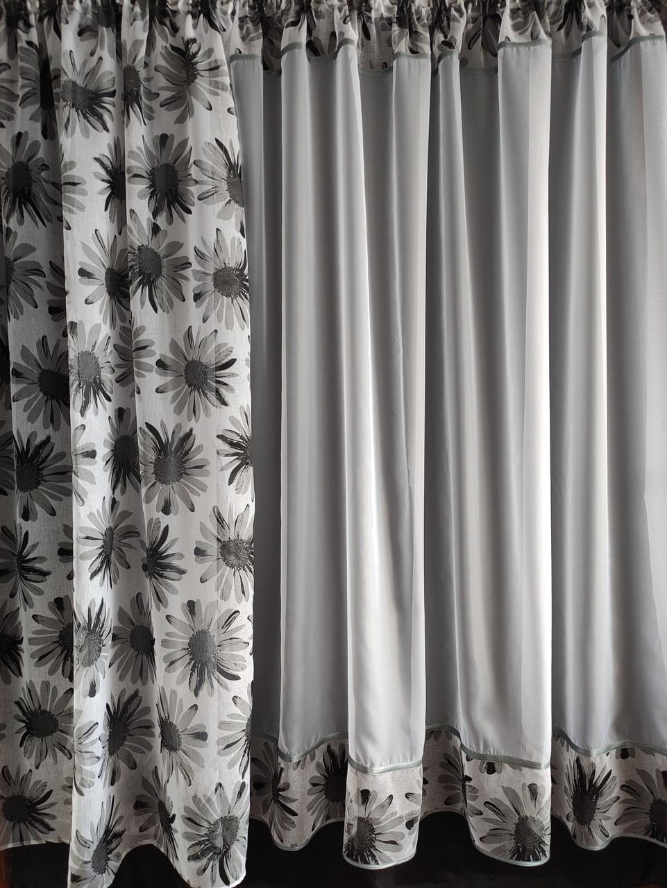 Комплект на кухонное окно Ромашка шифон и батист с цветами 290х190 см Белый/Серый (ромашка-01) - фото 3 Комплект на кухонное окно Ромашка шифон и батист с цветами 290х190 см Белый/Серый (ромашка-01) - фото 3