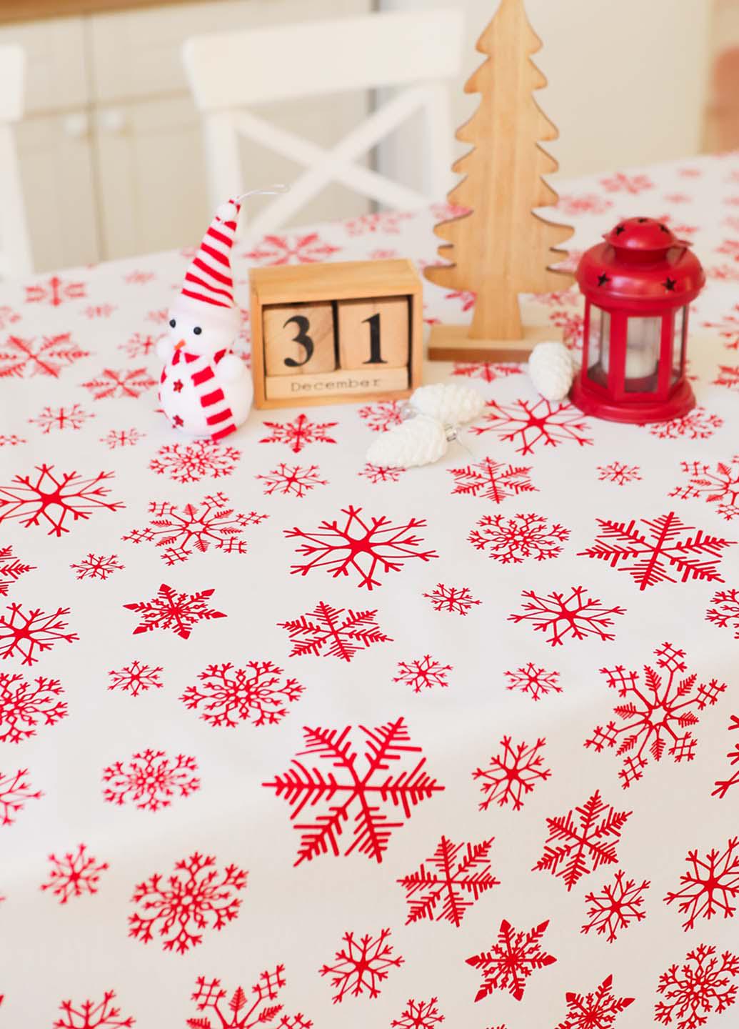 Скатертина новорічна бавовняна Сніжинки червоні на білому розкладний стіл 1,5х2,2 м (счб22) - фото 2 Скатертина новорічна бавовняна Сніжинки червоні на білому розкладний стіл 1,5х2,2 м (счб22) - фото 2