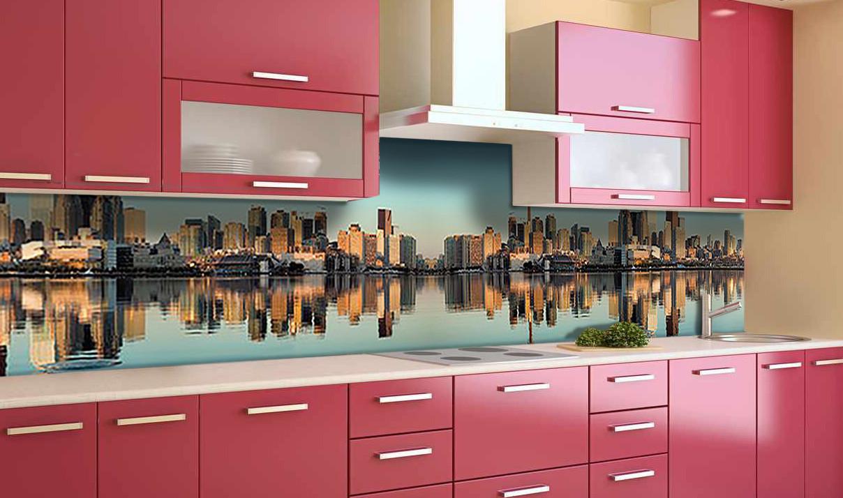 Кухонный фартук Отражение города на рассвете из самоклеющейся виниловой пленки 65х250 см Бежевый