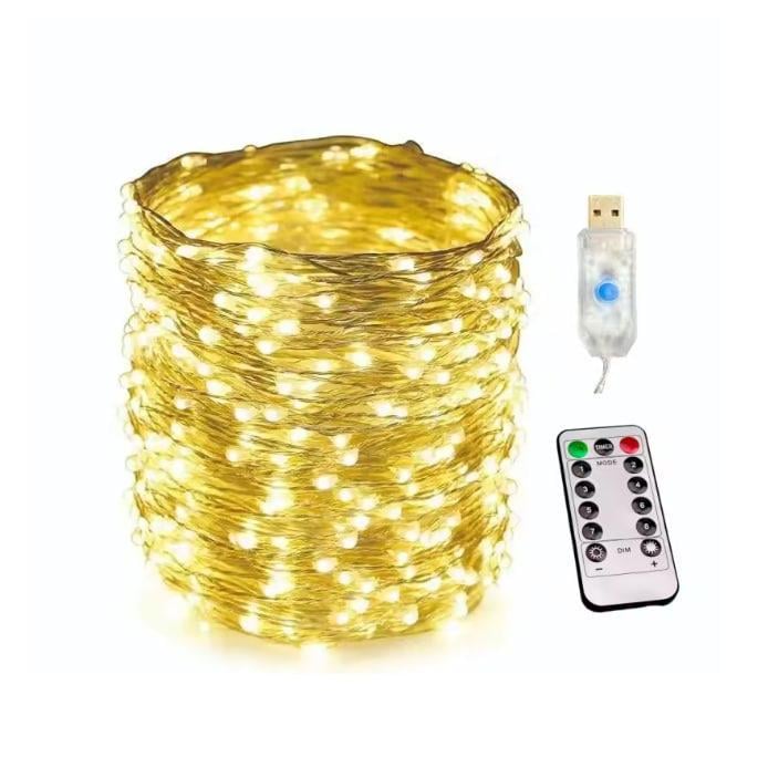 Гирлянда LED USB 30 м 8 режимов пульт теплый желтый (GR-30Y)