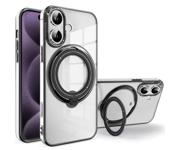 Силіконовий чохол накладка Clear Case для iPhone 16 з металевим кільцем - тримачем Чорний
