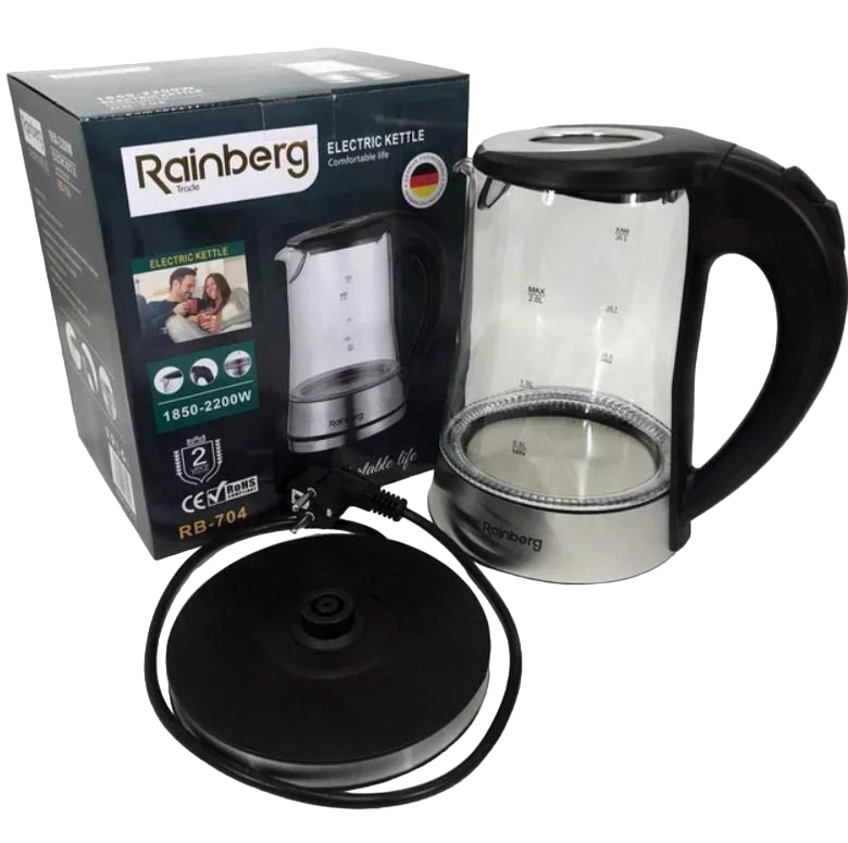Електрочайник скляний Rainberg RB-704 2200 Вт з LED підсвічуванням 2 л ()