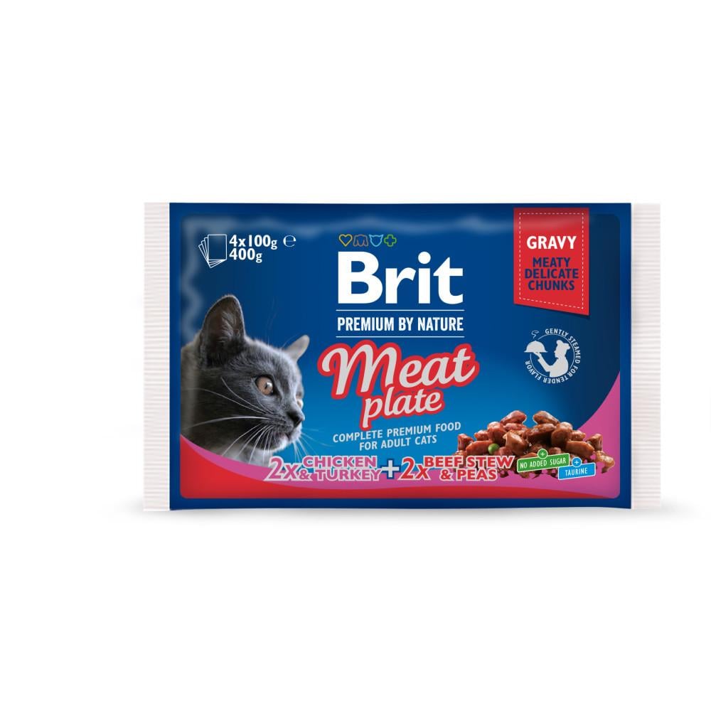 Корм влажный Brit Premium Cat Meat Plate pouches набор для кошек мясная тарелка курица и индейка с тушеной говядиной 100 гх4 шт. (34806683)