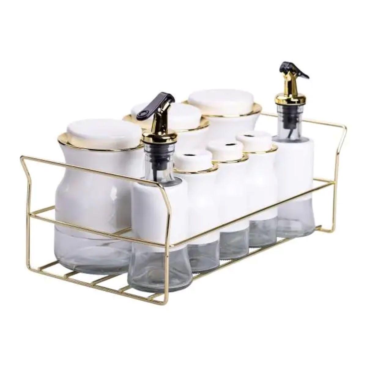 Набор для специй на подставке с бутылками для масла и уксуса 8 предметов Белый (6801) - фото 4 Набор для специй на подставке с бутылками для масла и уксуса 8 предметов Белый (6801) - фото 4