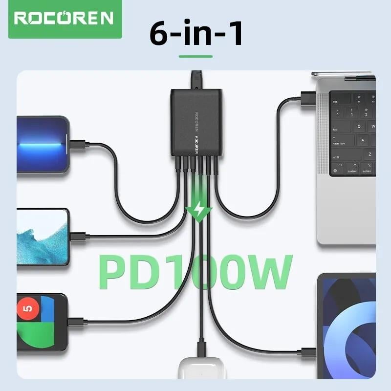 Зарядний пристрій мережевий Rocoren Gan Desktop Charger 100w 3 Type-C/3 USB PD 30w (25397440) - фото 6 Зарядний пристрій мережевий Rocoren Gan Desktop Charger 100w 3 Type-C/3 USB PD 30w (25397440) - фото 6