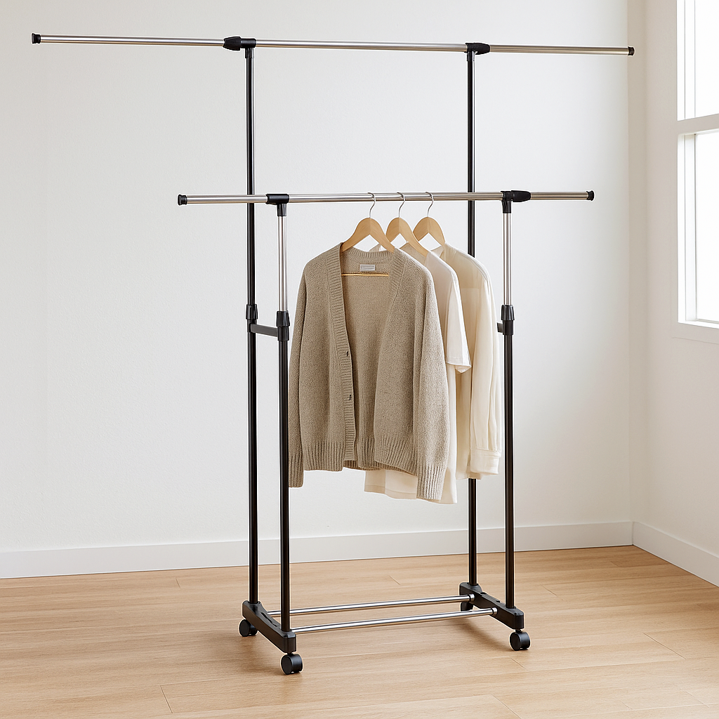 Стойка для одежды 8006 металлическая напольная двойная телескопическая с колесами (37-110732)