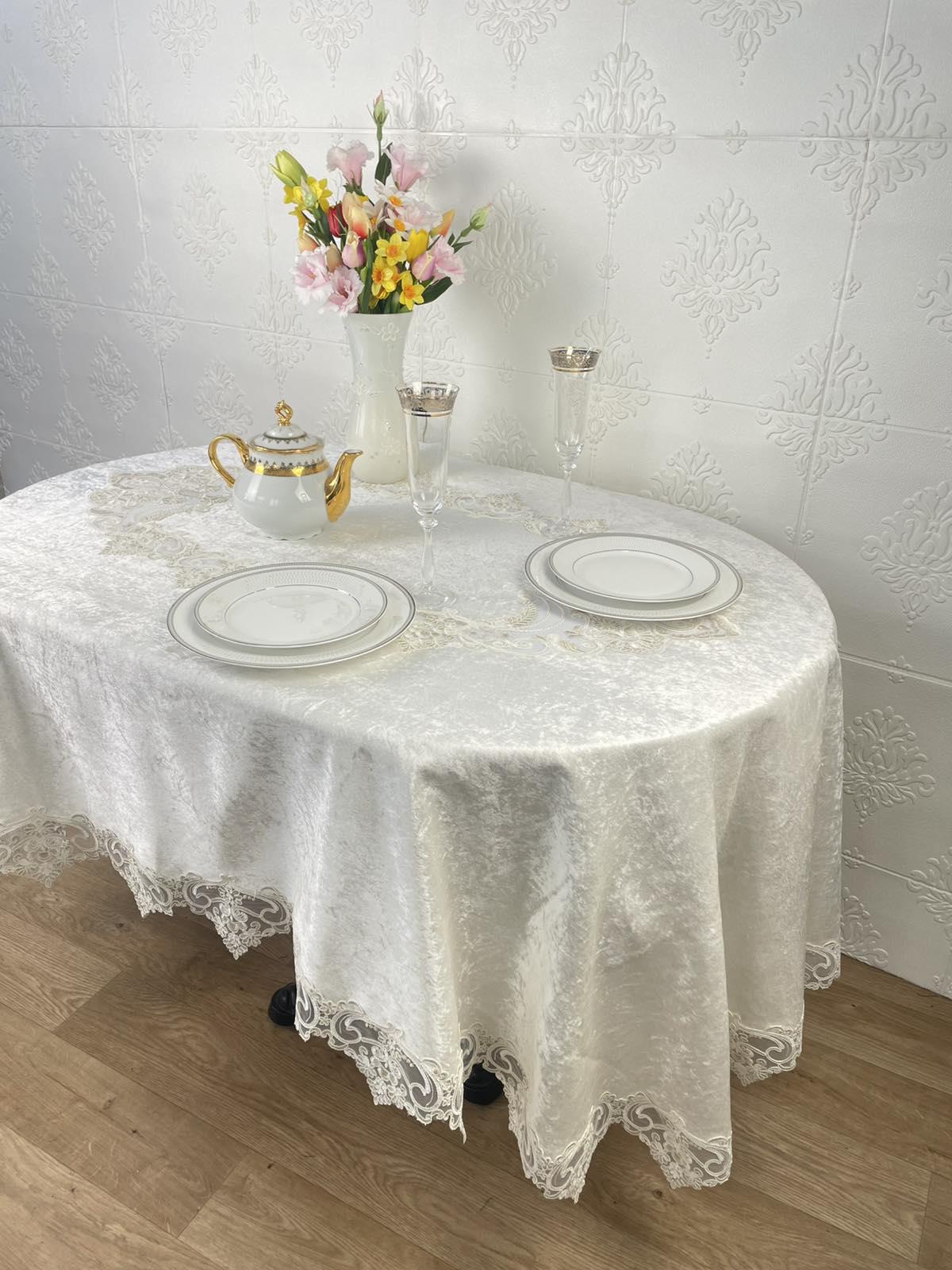 Скатертина велюрова Acme Tekstil PVS Melisa ovale 160x220 см Krem (CN37728)