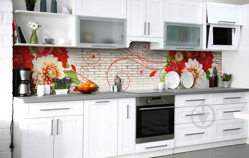 Скинали на кухню Zatarga «Тайны алых георгин» 600х2500 мм виниловая 3Д наклейка кухонный фартук самоклеящаяся