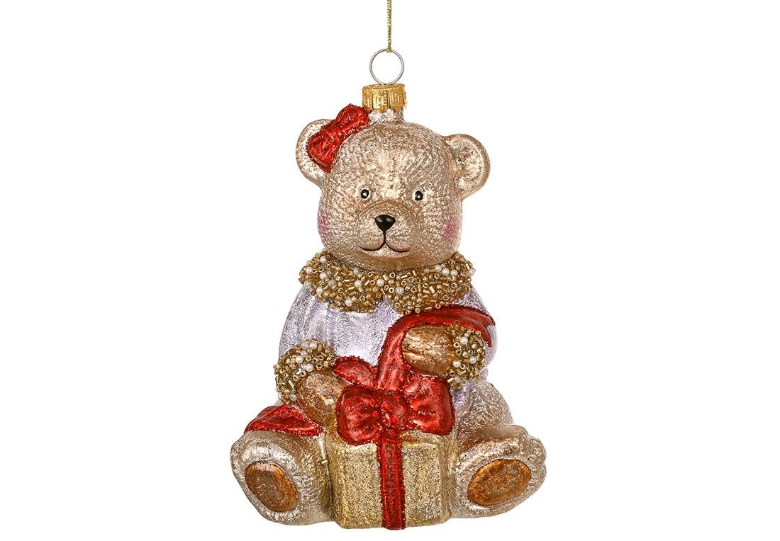 Игрушка на елку стеклянная BonaDi Мишка с подарками 13 см (NY29-528)
