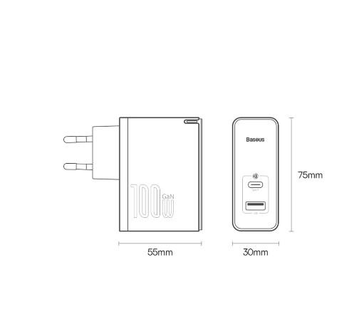 Зарядний пристрій мережевий BASEUS GaN5 Pro C/U Type-C Cable 100W Black (CCGP090201) - фото 3