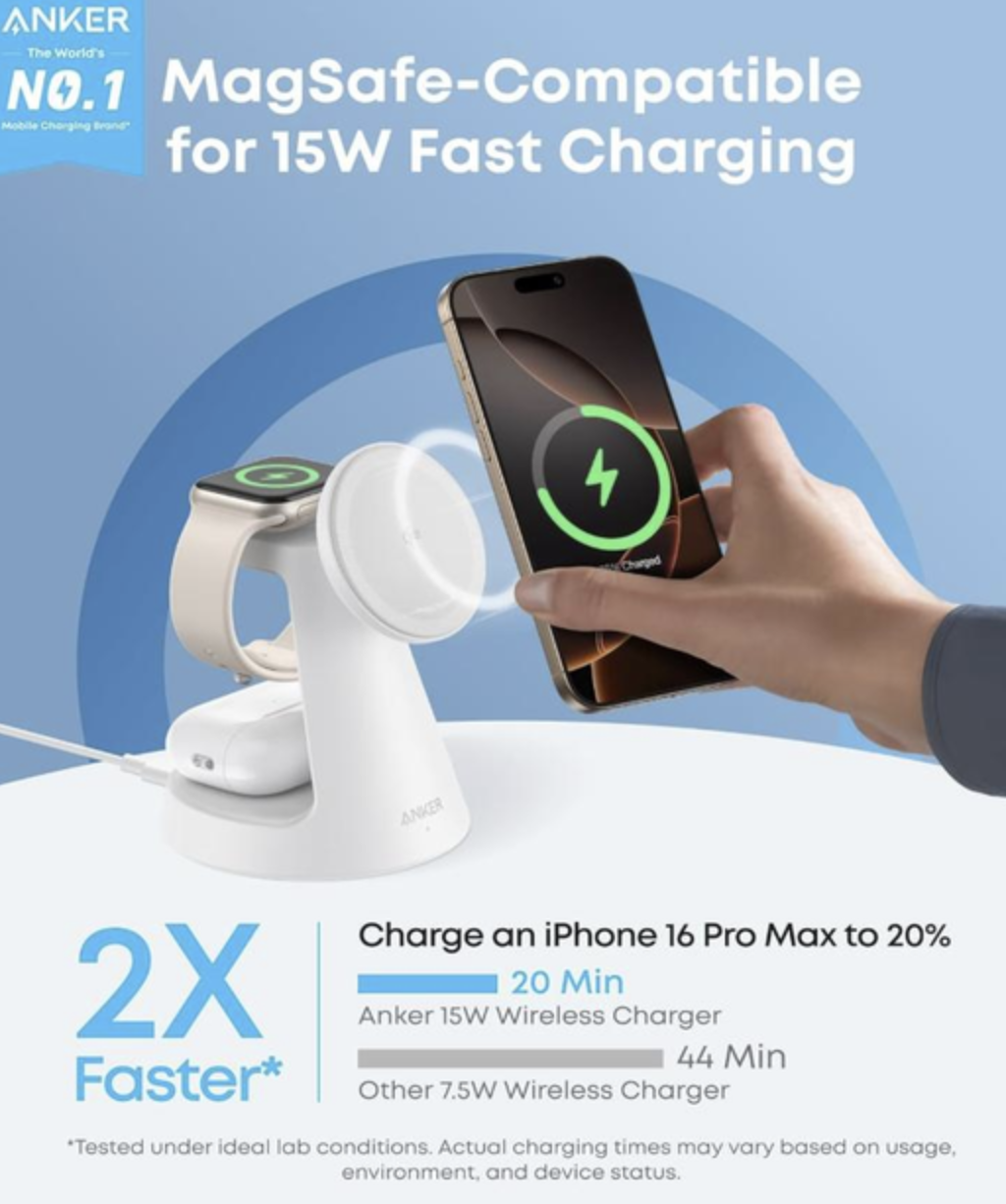 Зарядний пристрій Anker MagGo 3in1 Magsafe Charging Station Qi2 15W White - фото 5 Зарядний пристрій Anker MagGo 3in1 Magsafe Charging Station Qi2 15W White - фото 5