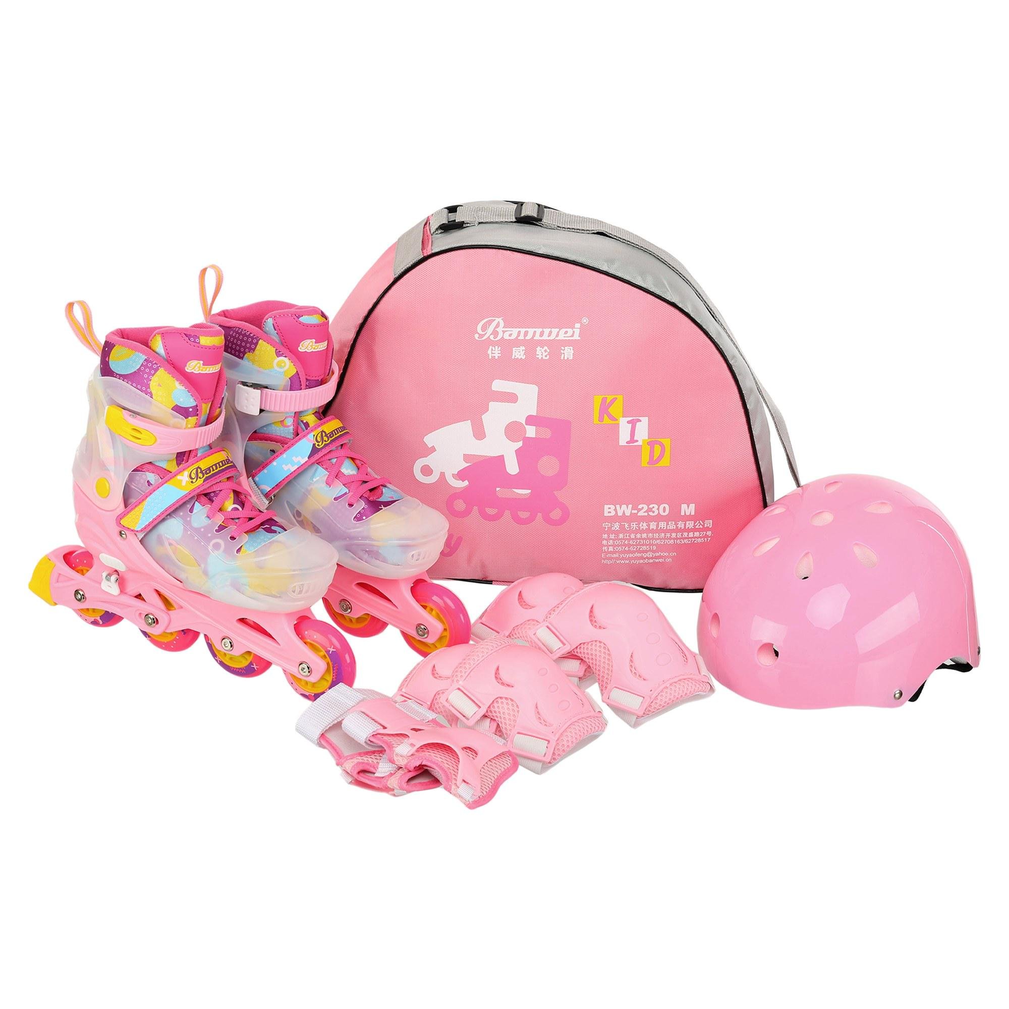 Роликові ковзани дитячі Banwei BW-230 розсувні із захистом і шоломом колеса світяться р. 35-38 Рожевий (BW-230_Розовый_M_(35-38)