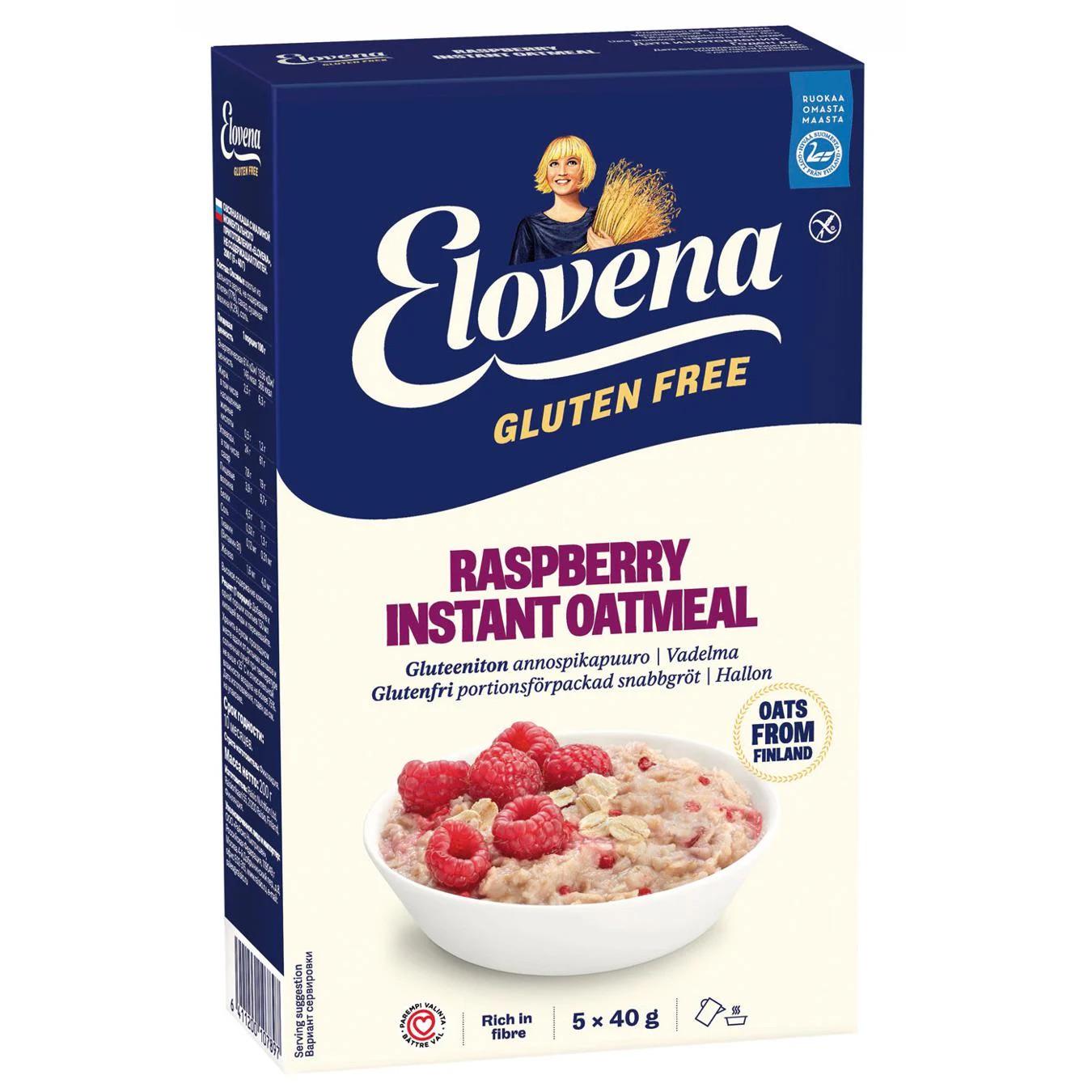 Каша вівсяна Elovena Gluten Free Raspberry instant oatmeal з малиною без глютену 200 г