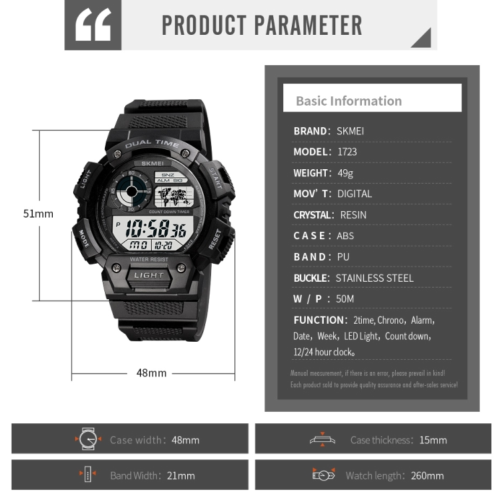 Наручные часы мужские Skmei электронные военные с подсветкой водостойкие ударопрочные Черный (1723) - фото 6 Наручные часы мужские Skmei электронные военные с подсветкой водостойкие ударопрочные Черный (1723) - фото 6