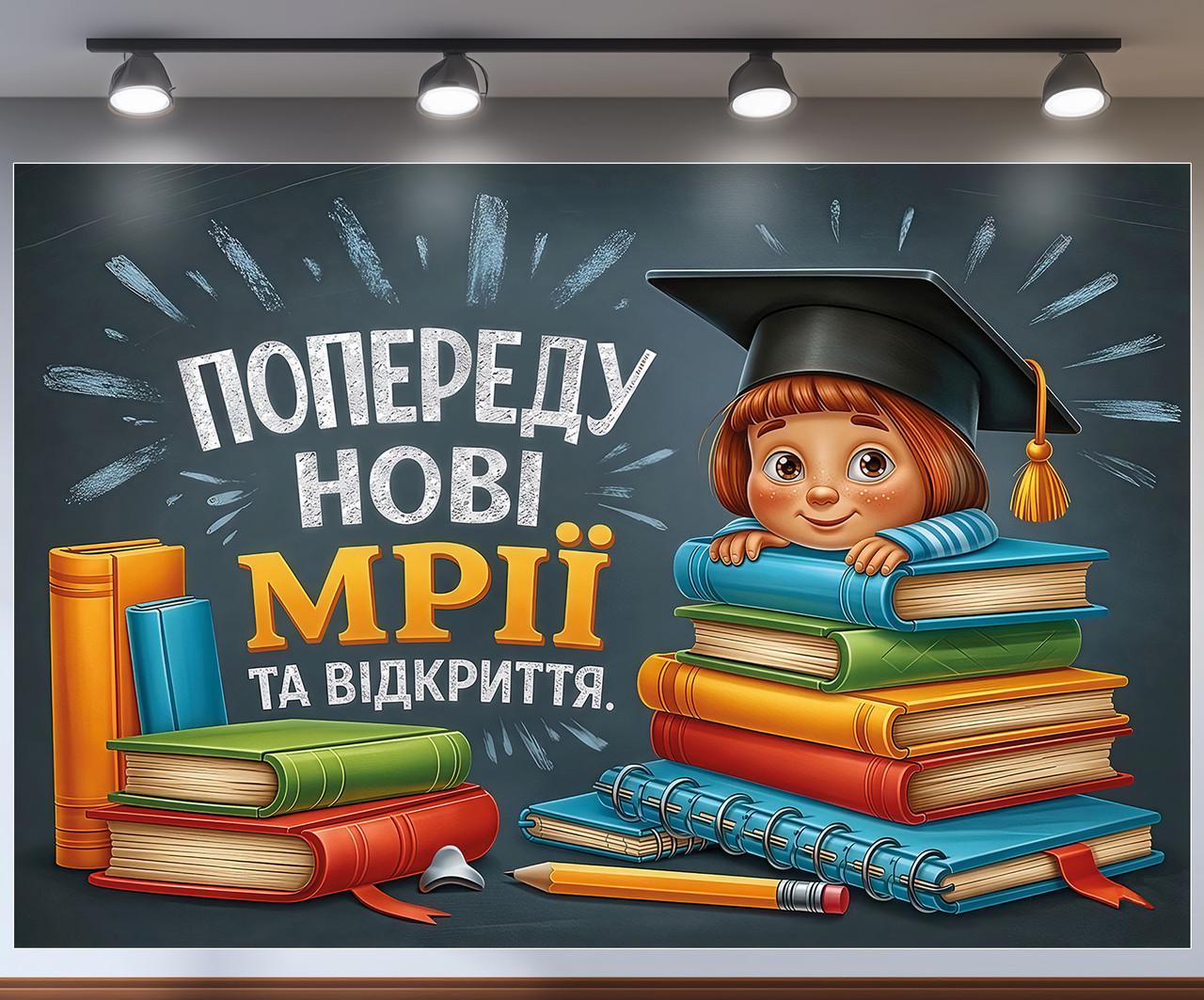Баннер для фотозоны "Попереду нові мрії та відкриття" девочка на стопке книг академическая шапка 180x120 см