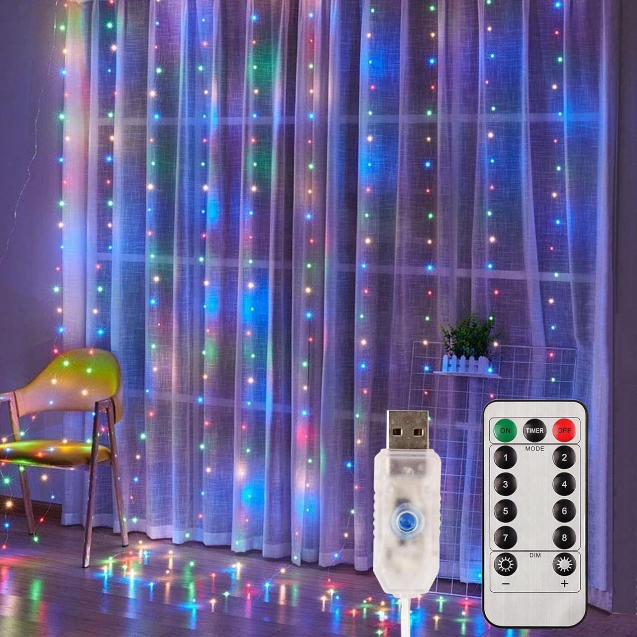 Гірлянда штора Крапля роси 300 LED від USB з пультом 3х3 м Різнокольоровий (auto_6acd0b1775b24)