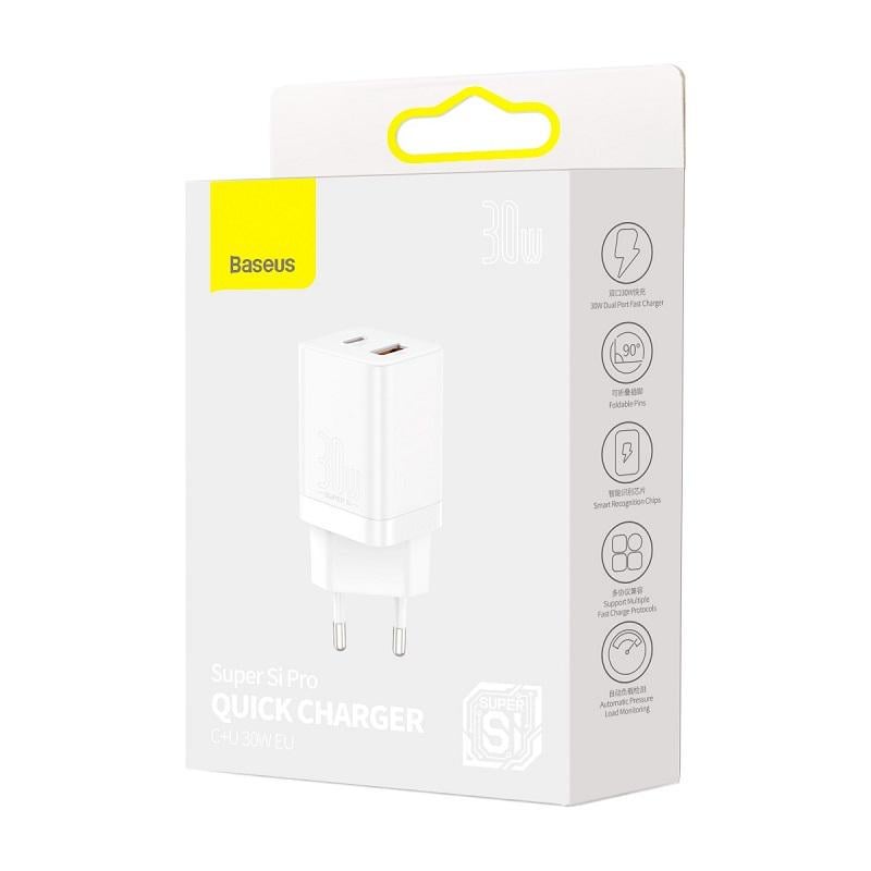 Зарядний пристрій для Baseus Super Si Pro Quick Charger C+U 30W EU White (CCSUPP-E02)