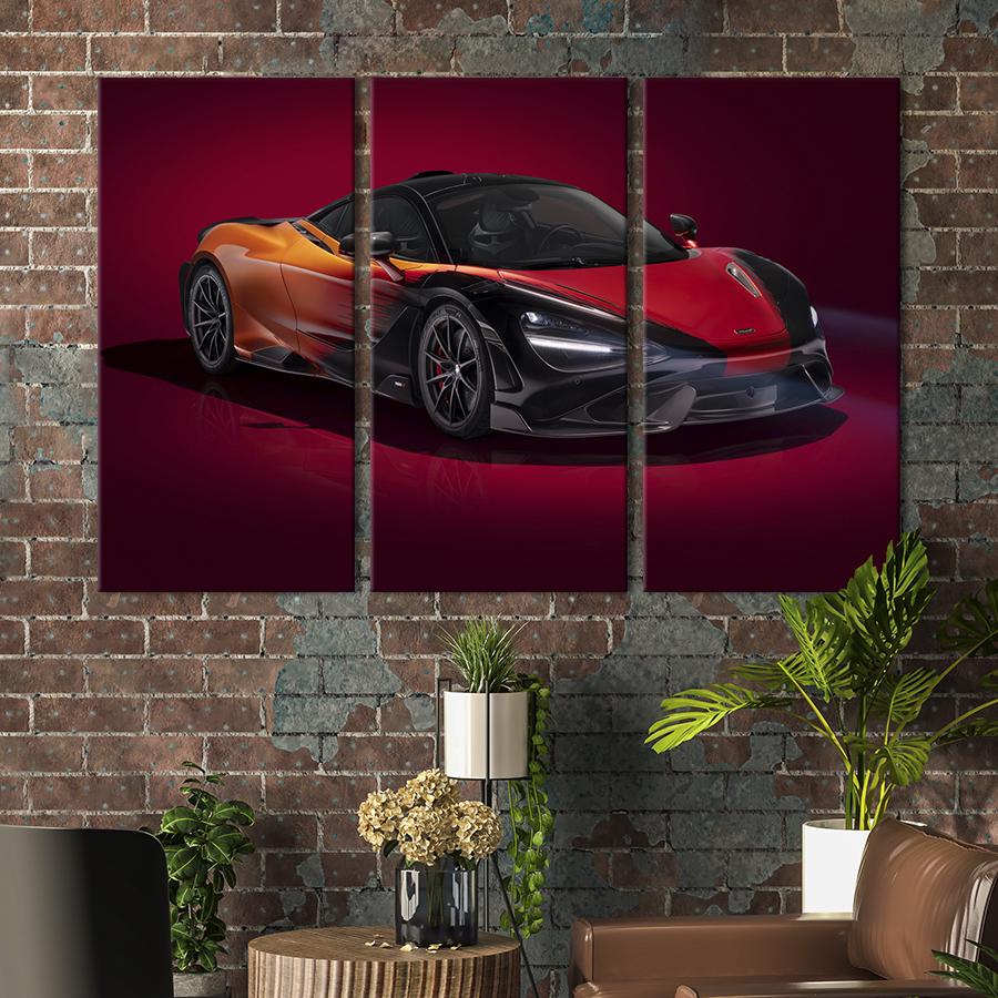 Картина на холсте триптих Мощный суперкар McLaren 765LT в яркой цветовой гамме 78x48 см (1389-31)