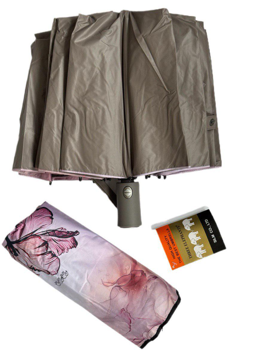 Парасолька-автомат жіноча Три Слона з квітами та однотонним куполом 16 спиць антивітер Бежевий (7569/5) - фото 3