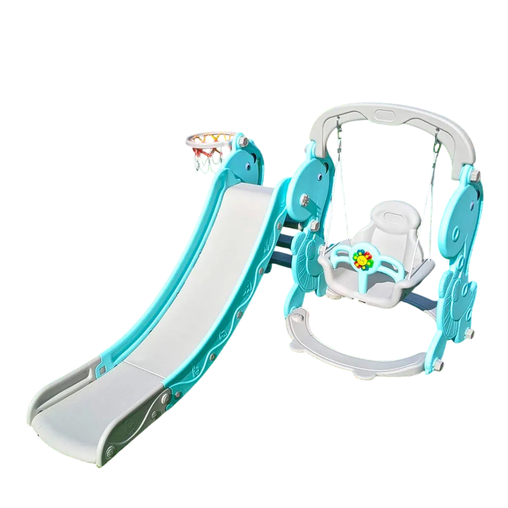 Детский игровой комплекс пластиковый Bambi YG2020-2-4 2в1 горка с качелей и кольцом 195х153х110 см Серо-мятный (150-7-YG2020-2-4)